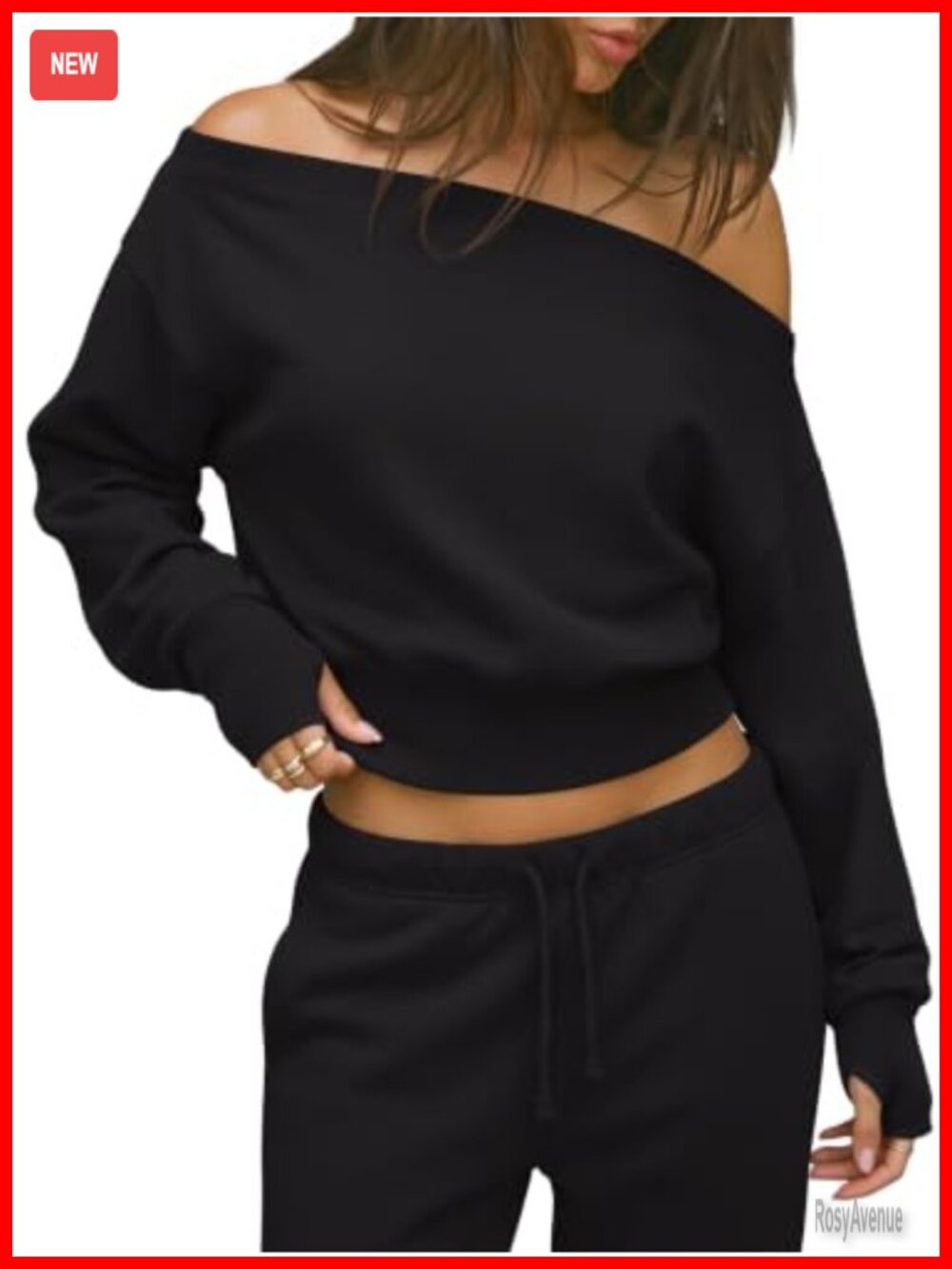 Womens Off Shoulder Cotton Sweatshirt Cropped Pullover Top Thumb Holes